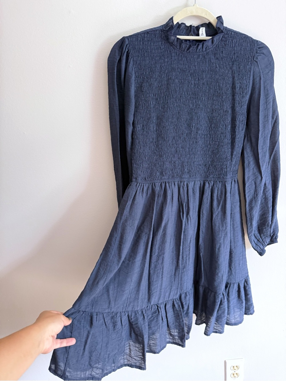 Modest Navy Dress Smocked, with Tiered Skirt and Ruffle Neck with Long-Sleeves